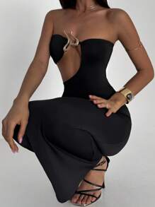 Aloruh Women Metal Decor Hollow Out Bodycon Dress