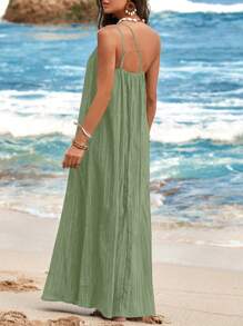 SHEIN VCAY Vacation Casual Solid Color Textured Asymmetric Dress Green - Mint Green - View 2