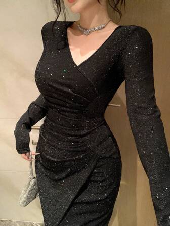 DAZY Women's Mid-Length Sequin Waist Drawstring Midi Dress Prom Dress Party Women,Fall Dress Homecoming Dresses Long Sleeve Dress Luxury