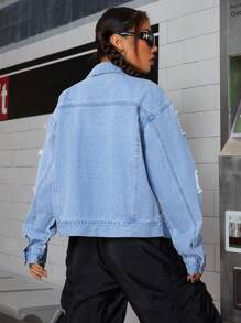 SHEIN ICON Women's Denim Jacket With Collar, Button Closure, And Distressed Details