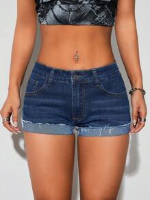 SHEIN ICON Elastic Hem Washed Low Rise Women's Ultra-Short Denim Shorts - Dark Wash - View 4
