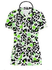 PopScrub St. Patrick's Day Shamrock "Good Luck" Women Healthcare Scrub Uniform Top - Multicolor - View 1