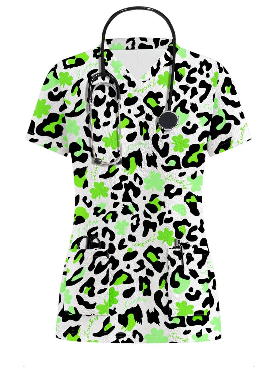 PopScrub St. Patrick's Day Shamrock "Good Luck" Women Healthcare Scrub Uniform Top - Multicolor - View 1