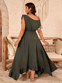 SHEIN LUNE 大码女式肩部泡泡袖收腰荷叶边下摆纯色 A 字形连衣裙，春夏