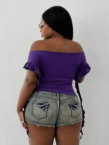 Maweii Plus Size Women Off Shoulder Patchwork Ruffle Hemline Fitted T-Shirt