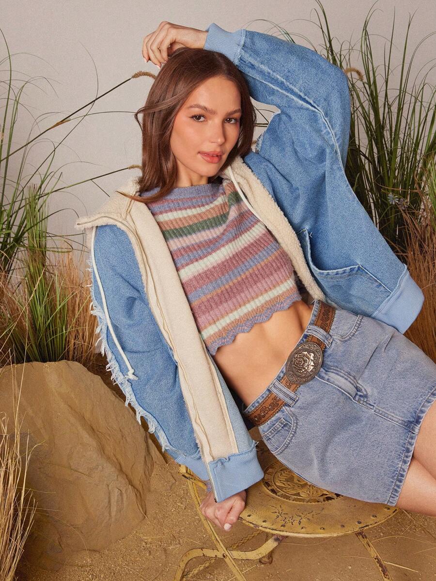 WESTFADE Western Mixed Media Denim & Fleece Hooded Long Sleeve Cowgirl Jacket - Light Wash - View 1