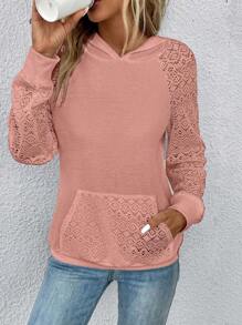 SHEIN LUNE Women's Contrast Lace Raglan Sleeve Hooded Sweatshirt With Pockets, Fashion Graduation,Back To School Outfits,Graduation,Teacher Outfits For Women,Back To School - Pink - View 5
