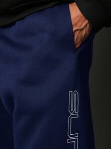 SUMWON Retro Logo Sweatpants Athletic Jogger Style Comfortable Fleece Training Pants Casual Gym Workout Winter Lounge Bottoms With Side Brand Design - Navy Blue - View 5