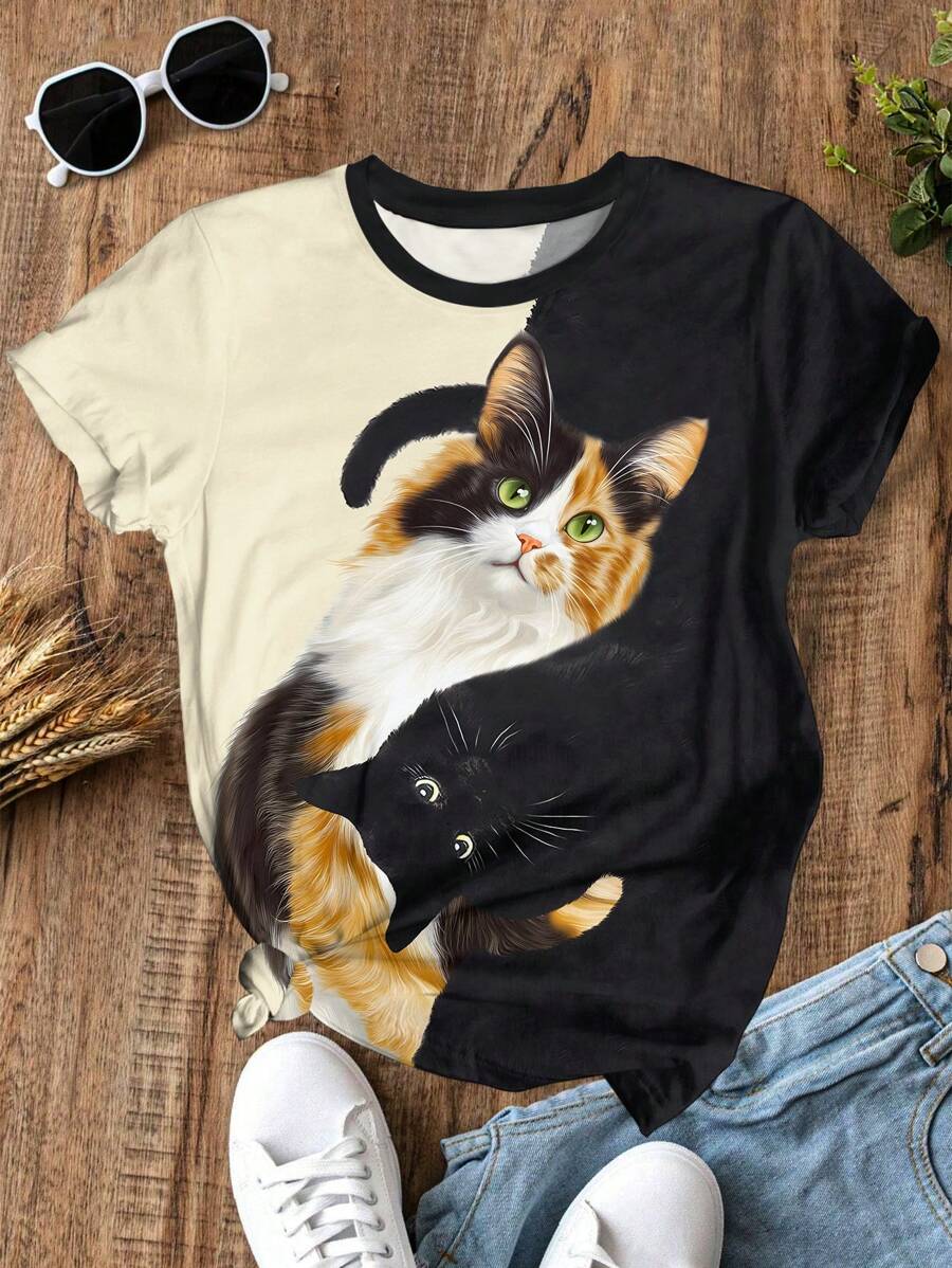 SHEIN LUNE 夏季可爱猫咪印花圆领短袖 T 恤，休闲舒适上衣 - 米色 - 查看 1