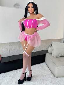 Plus Size Princess Costume 5 Pieces Set: Long Sleeve Colorblock Bustier Top, Waist Belt, Thigh High Stockings, Sexy Lingerie + Accessories
