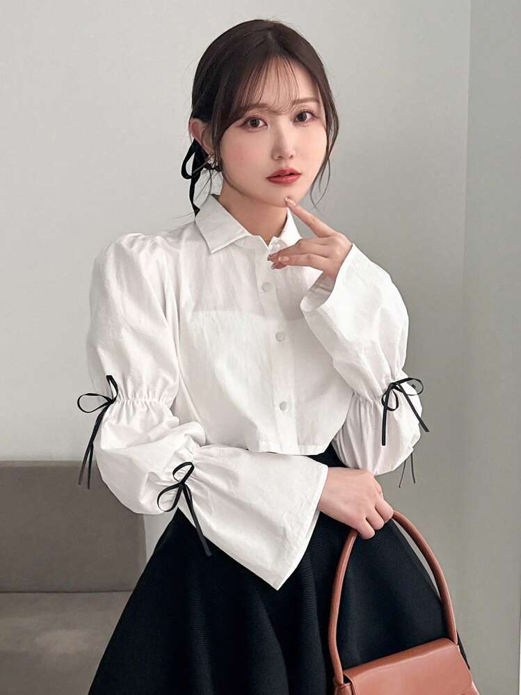 FRIFUL 리본 장식의 레이디스 솔리드 컬러 싱글 브레스트 셔츠, 긴 소매, 긴 소매 탑스