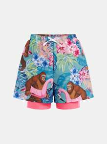 SHEIN Kids/Tween Boy Casual, Versatile, Comfortable Loose Fitting Swimshorts/Beach Shorts With Flamingo And Palm Tree Print, Loose Lining