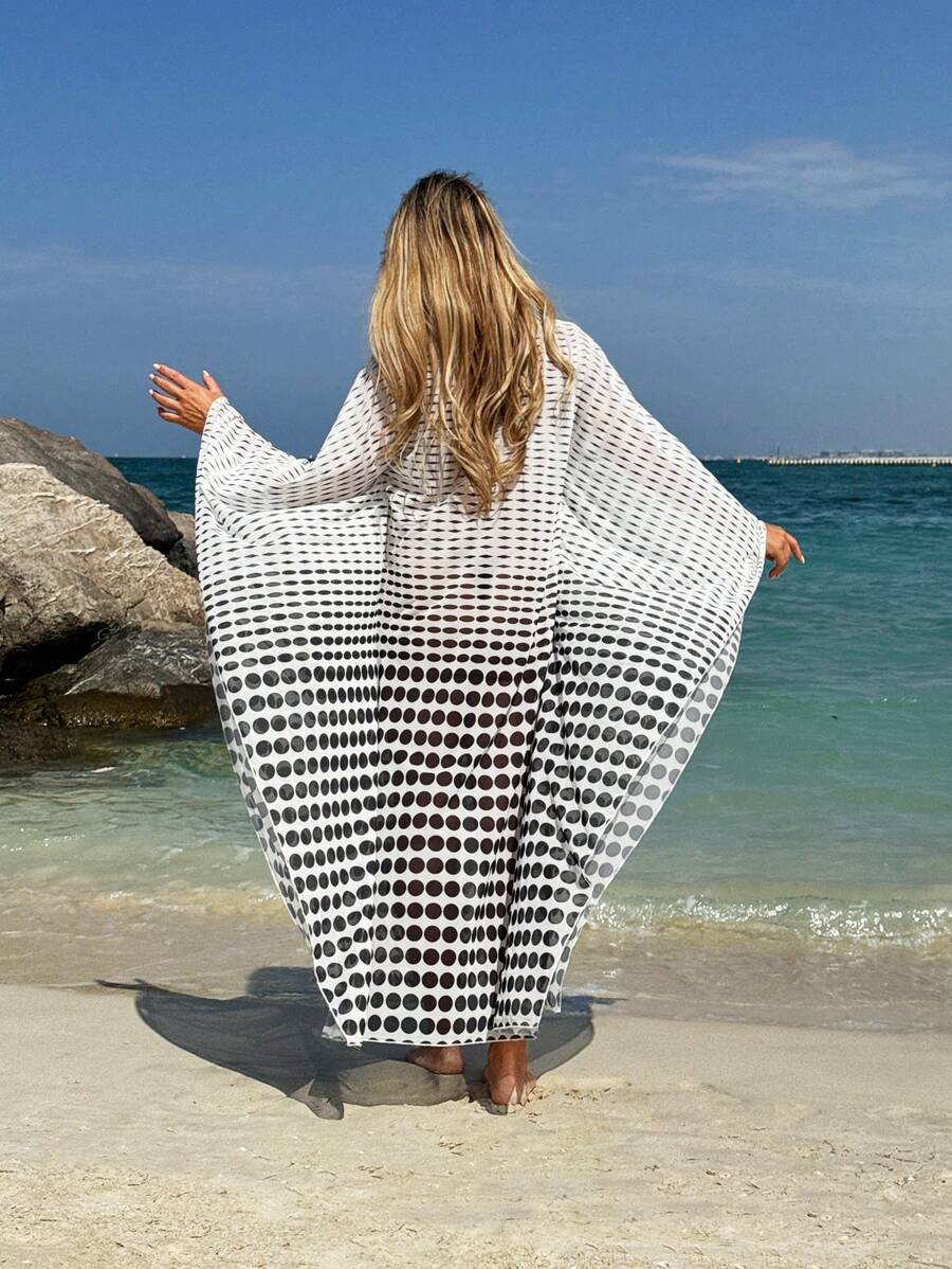SHEIN Swim Robe de plage de vacances à manches chauve-souris imprimée léopard pour femmes - Multicolore - Voir 1