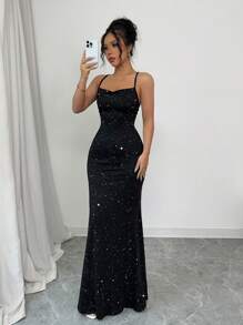 Elenzga Vestido de sirena con tirantes finos y espalda descubierta, con brillo y destellos, para ocasiones formales