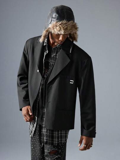 NEON BLANC 男士街头时尚长袖宽松梭织黑色西装外套，适合秋冬