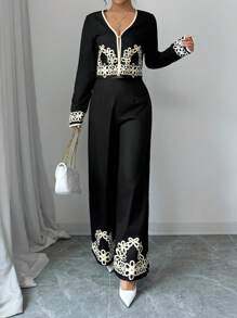 Siren Gaze 2pcs Women Solid Color Patchwork Floral Prints Long Sleeve Top And Pants Set,Colour-Blocked Edges Women Clothing Sets,Commute Daily Wear,Suitable For Spring And Autumn