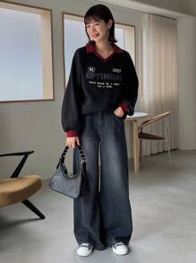 FRIFUL Women's Casual Warm Thermal Lined Thick Denim Jeans For Winter, Baggy Jeans Thermal Lined - Black - View 2