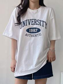 DAZY 女式休闲宽松落肩 T 恤，字母印花，超大 T 恤，图案 T 恤，学院风上衣 - 白色 - 查看 6