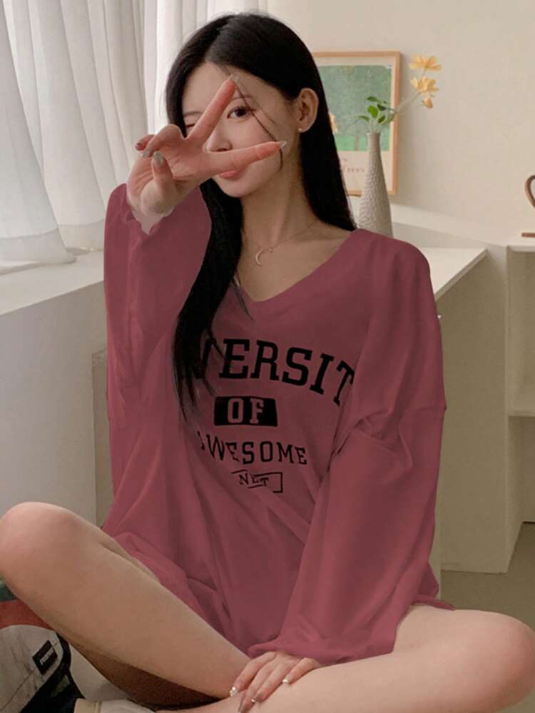 Women's Spring/Summer Loose Casual V-Neck Drop Shoulder Long Sleeve T-Shirt With Letter Print,Graphic Tees
