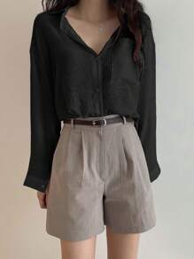 DAZY 女式纯色落肩长袖口袋宽松休闲衬衫，春夏 - 黑色 - 查看 2