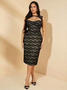 SHEIN BAE Plus Size Women Black Lace Brassiere Long Dress, Elegant Midi Dress, Bodycon Lace Dress, Little Black Dress, Suitable For Evening Out, Gala, Wedding