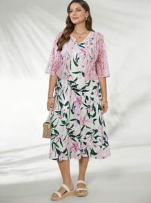 SHEIN Clasi Conjunto de 2 piezas para mujer talla grande: Cárdigan de encaje y vestido sin mangas con estampado floral de cuello en V