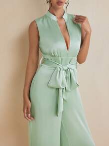 ODELIAR Designer Green Deep V Wide Leg Elegant Fashion Jumpsuit With Removable Belt For Spring And Summer Vacation, Spring Break, Ibiza Fits - Green - View 2