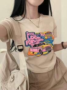 DAZY Women's Car & Letter Printed T-Shirt,Graphic Tees,Teacher Outfits - Apricot - View 5