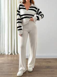 EURMUSE 女士条纹针织毛衣和罗纹慢跑裤套装 - 黑白上衣搭配奶油色裤子，非常适合秋冬季节。 - 米色 - 查看 4