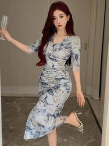 DAZY 女款淺藍色花卉夏季優雅約會洋裝，疊層V領短袖百褶貼身連身裙，生日、跨年舞會、開學季陽光裙 - 黃色 - 查看 9