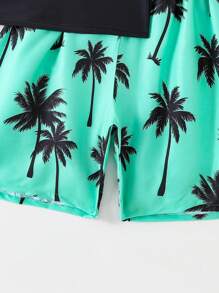 SHEIN Teen Boy Swimwear. Top With Fixed Printing, Bottom With Random Printing. Summer Holiday Boys Teen Swim Set - Boys Swim Trunks With Rash Guard UPF50+ 2 Piece Bathing Suits With Shorts Swimsuit Set