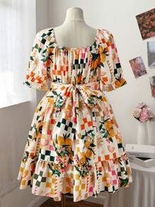 Flirla Đầm dài đến đầu gối họa tiết trái cây in cổ gà cho nữ cỡ lớn, dáng chữ A, nhiều lớp, thắt eo, giản dị, thanh lịch, ngày lễ - Nhiều màu - Xem 2