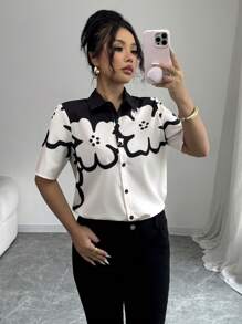 Elenzga Women's 2025 New Digital Floral Casual Regular Shirt (Positioning Flower) - Multicolor - View 1
