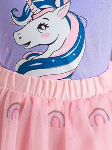 Baby Girls Sweet Unicorn Print Knitted Short Sleeve Top And Embroidered Rainbow Skirt 2 Pieces Set, Summer - Pink - View 7