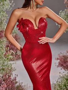 Glamrae Elegant Red Glossy Knit Coated Strapless Asymmetric V-Neck Detachable Floral 3D Embellished Luxurious Handmade Beaded Fishtail Formal Dress, Wedding Guest Dress, Party Dress, Evening Dress - Red - View 5