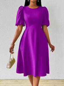 Lunelith SHEIN Lunessa Long Puff Sleeve V-Neck Gathered Waist Flared Hem Green Dress, For Spring & Summer - Violet Purple - View 3