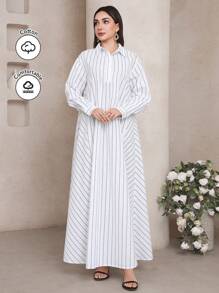 Veilorie 女士条纹落肩长袖高领休闲阿拉伯连衣裙 - 白色 - 查看 4