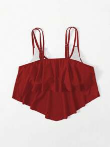 SHEIN Swim Curve Plus Size Women's Solid Color Ruffle Trim One-Piece Swimwear Top For Summer Beach Vacation - Red - View 2