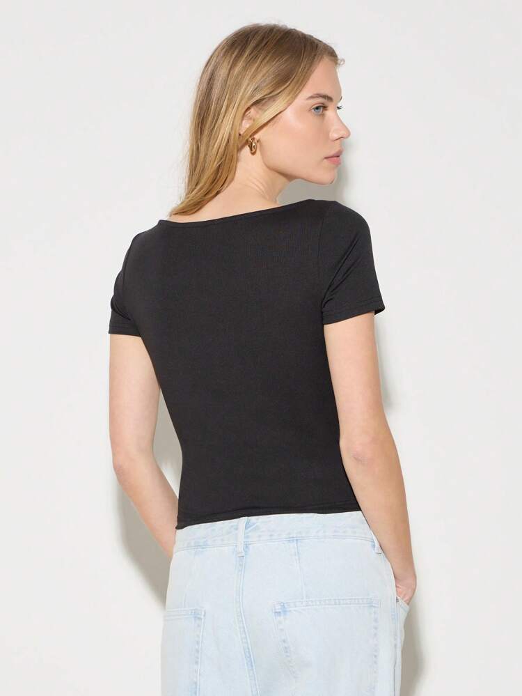 Basic Deep V-Neck Ribbed Crop T-Shirt Fitted Short Sleeve