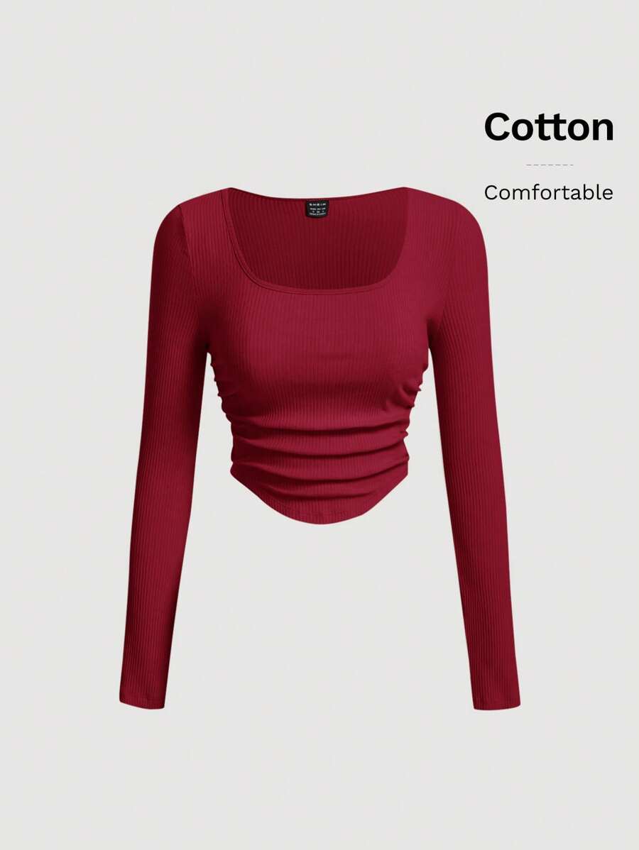 SHEIN MOD Áo thun crop top tay dài nhún bèo cổ tròn màu đỏ - Màu Đỏ Sâu - Xem 1