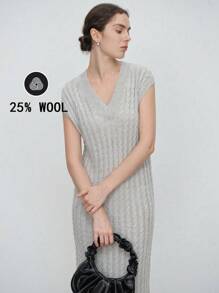 SHEIN Clasi 女士优雅简约纯色无袖针织毛衣裙，秋冬 - 灰色 - 查看 1