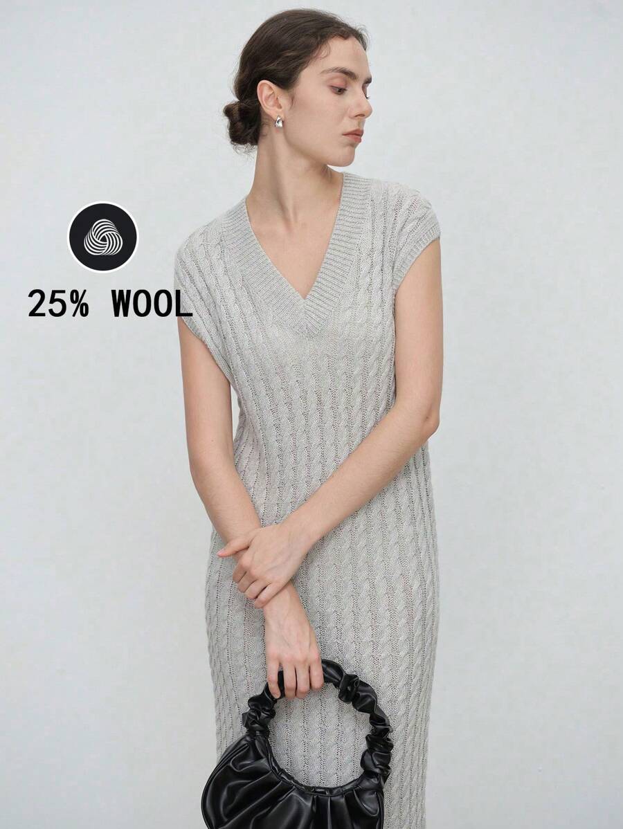 SHEIN Clasi 女士优雅简约纯色无袖针织毛衣裙，秋冬 - 灰色 - 查看 1