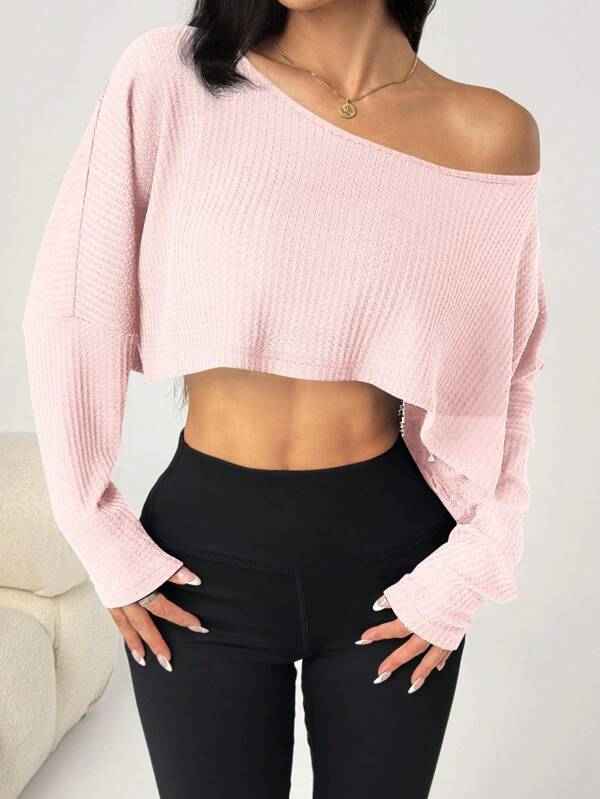 SHEIN PETITE Tricou casual supradimensionat cu mânecă lungă, cu umăr căzut, cu țesătură jacquard, design de bază și minimalist pentru ținuta de zi cu zi