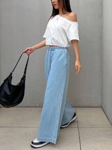 FRIFUL Women Elastic Waist Pocketed Wide Leg Loose Daily Casual Denim Pants,Baggy Jeans