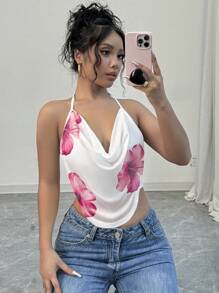 Firerie Top attillato da donna taglie forti con stampa floreale, scollo arricciato e schiena scoperta, elegante e confortevole, adatto allo stile vacanziero