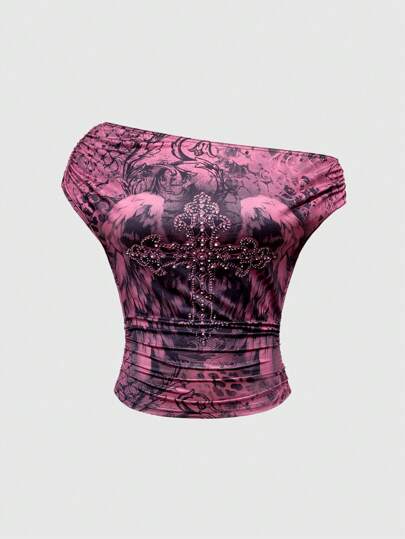 Grunge Punk Camiseta ajustada de cuello asimétrico con estampado completo y decoración de rhinestones para mujeres