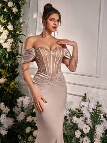 Glamrae Váy đuôi cá xếp nếp bằng vải satin co giãn đính đá Rhinestone sang trọng thanh lịch, thích hợp cho đám cưới, tiệc tùng, kỳ nghỉ, vũ hội, sự kiện trang trọng, váy dự tiệc, váy dự tiệc cưới, váy dạ hội - Màu Khaki - Xem 6