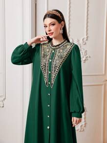 Al Najma Elegant Floral Embroidered Long Arabian Dress - Dark Green - View 3