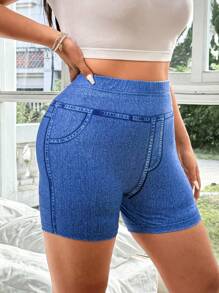 Flirla Pantalones cortos tipo legging de talla grande con efecto estampado de denim para mujer