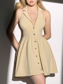 Flirla Women's Solid Color Lapel Neck Single-Breasted Sleeveless Dress